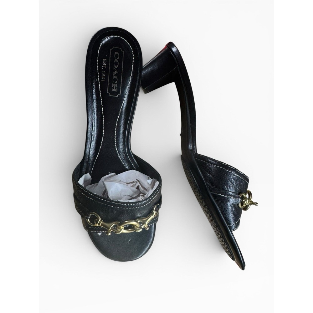 Vtg Coach Y2K Classic Black Leather Gold Horsebit Kitten Heel Mules Sz 8 Glam